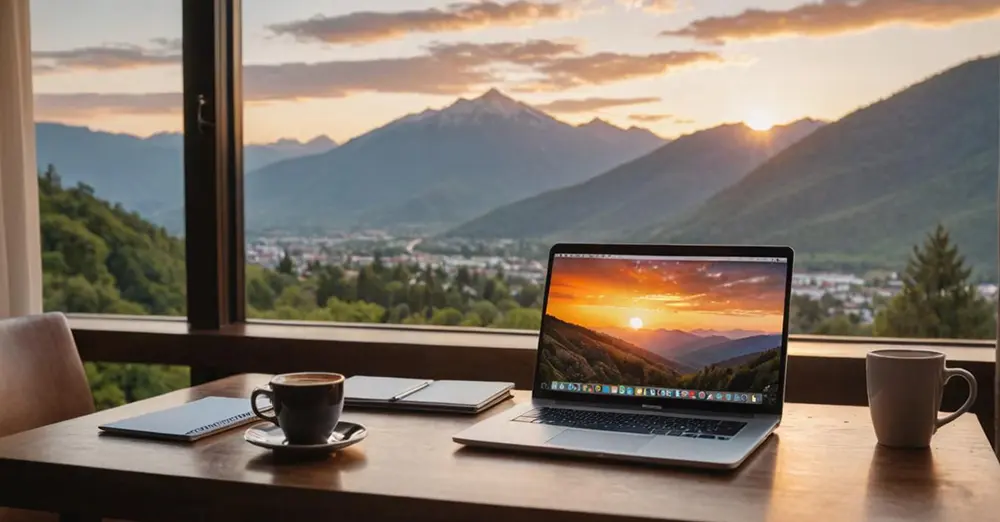 portatil de trabajo con vistas a paisaje de montaña portatil damunt taula de treball
